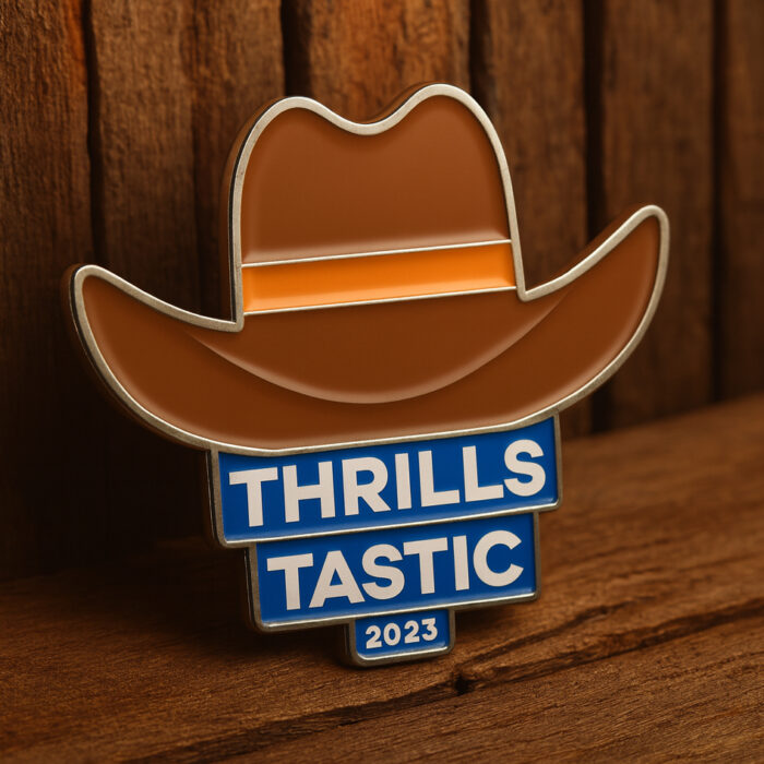 ThrillsTastic Wild Westen 2023 enamel pin in 3D-mockup met cowboyhoed design, weergegeven tegen een houten Wild West-achtergrond – perfecte collectors pin voor pretpark- en westernfans.