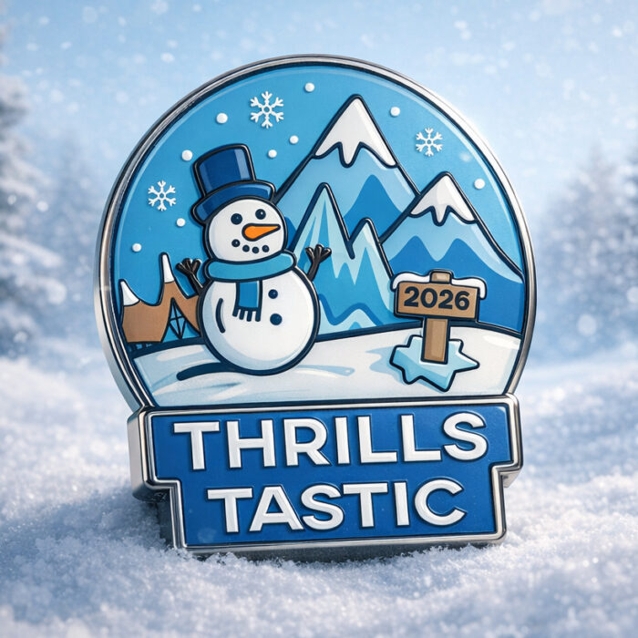 Een enamel pin in de sneeuw met op de achtergrond een winterse omgeving